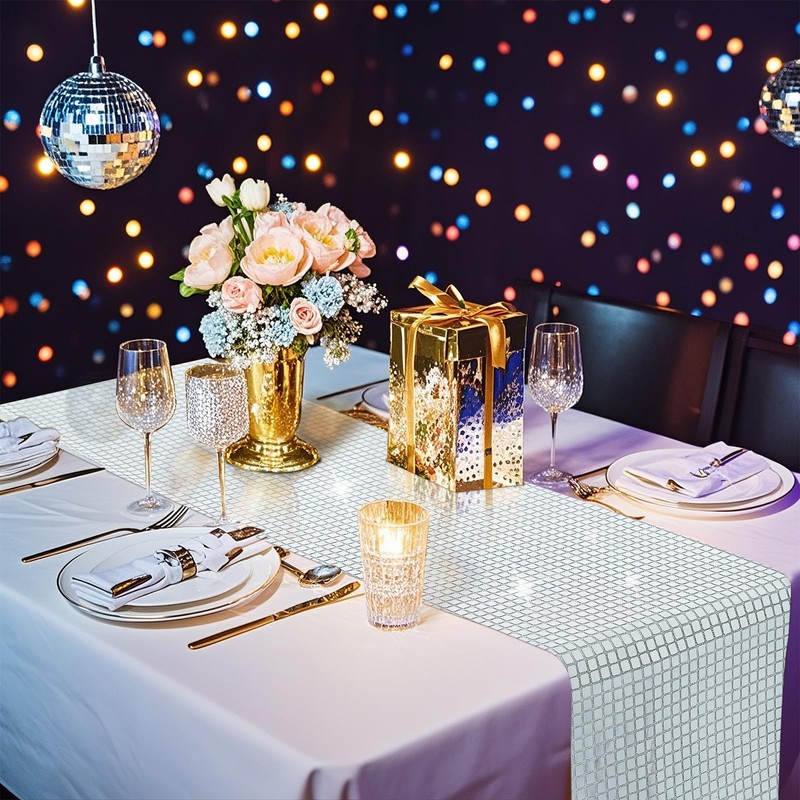 Eternal Beauty 48 Inches Long Sequin Glitter Silver Table Runner