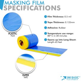 JMIBASIC Plastic Sheeting for Car Paint – Multi Size Pack – No Residue Painters Tape with Drop Cloth – Heat Resistant Automotive Masking Tape with Tarp Waterproof 65 Feet (26 Inch - 1RL)