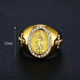 LAIMIUMIU33 Iced out Ring for men Santa Maria Cross CZ ring Hip Hop ring Catholic style 316 Stainless Steel Radiant Biker Rings Bling Cuban style Iced Out Jewelry Punk Ring Club ring Heavy Metal ring