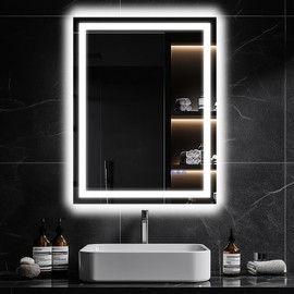 Antok 24"x 32" LED Bathroom Mirror with Lights, Anti-Fog, Dimmable, Lighted Vanity Mirror with Tempered Glass, Memory Function, 3 Light Modes, Safe Use, Horizontal, Vertical, Wall Mount