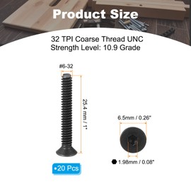 PATIKIL #6-32 x 1 Inch Flat Head Socket Cap Screws Pack of 10 Flat Head Countersunk Screws Hex Drive Machine Screws Full Thread Coarse Thread UNC Black Oxide Grade 10.9