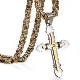 JewelryWe 2PCS Men Cross Necklace & Pendant Women Wholesale Trendy Catholic Gold/Black Color Christian Necklace Jewelry