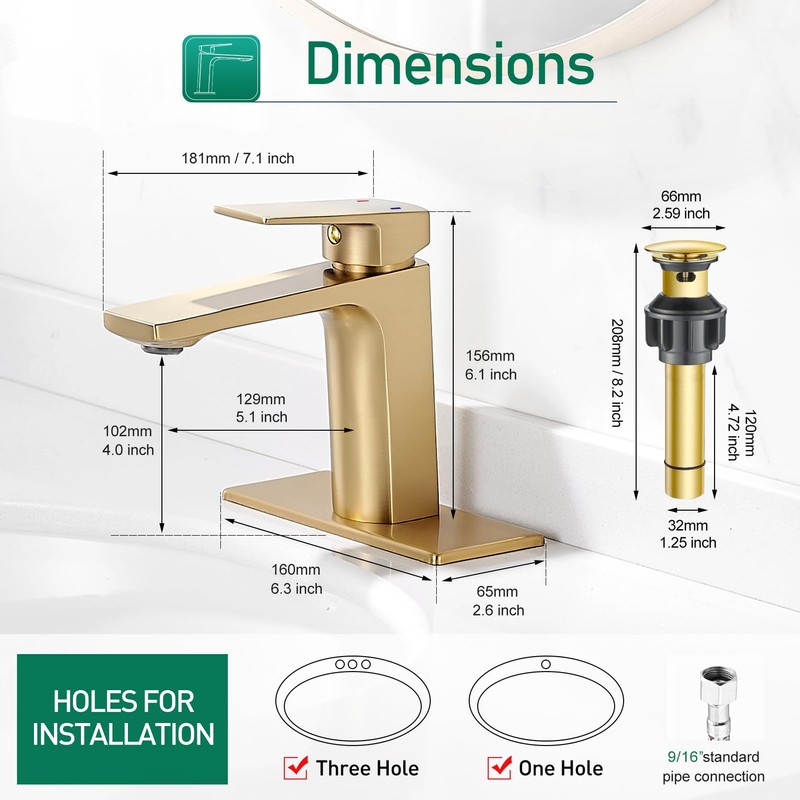 VOTON Brushed Gold Bathroom Sink Faucet Single Handle with Pop-up