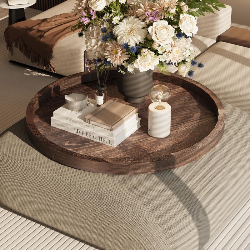 Round Ottoman Tray for Coffee Table Living Room Wood Serving
