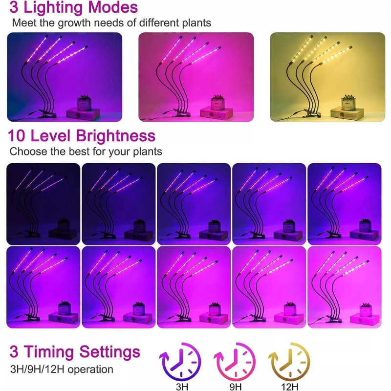 LEOTER 4 Head Led Grow Light With Timer Dimmable Modes