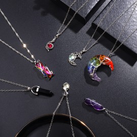 14 Pcs Vintage Crystal Pendant Necklaces Earrings for Women Girls, Chakra Healing Amethyst Necklace, Tree Life Crescent Moon Crystal Pendant Necklaces, Bohemian Retro Sunflower Necklace Snake Pendants