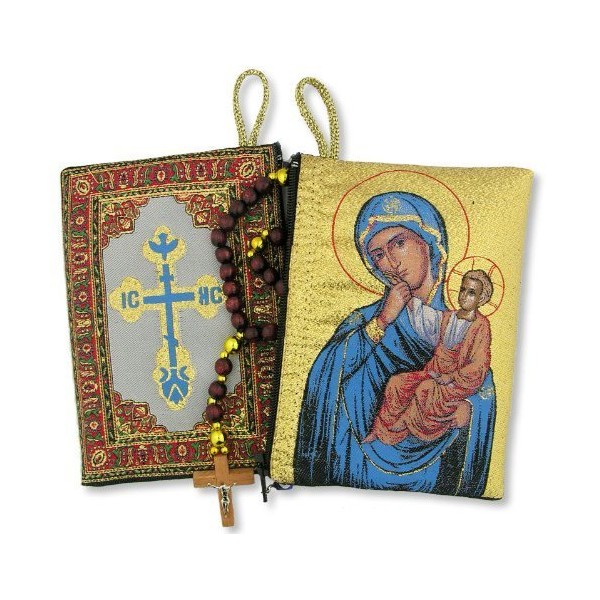 Alexandra Int'l Virgin Mary Madonna & Child Icon Cloth Tapestry Rosary Zipper Close Pouch, 5 3/8 Inch