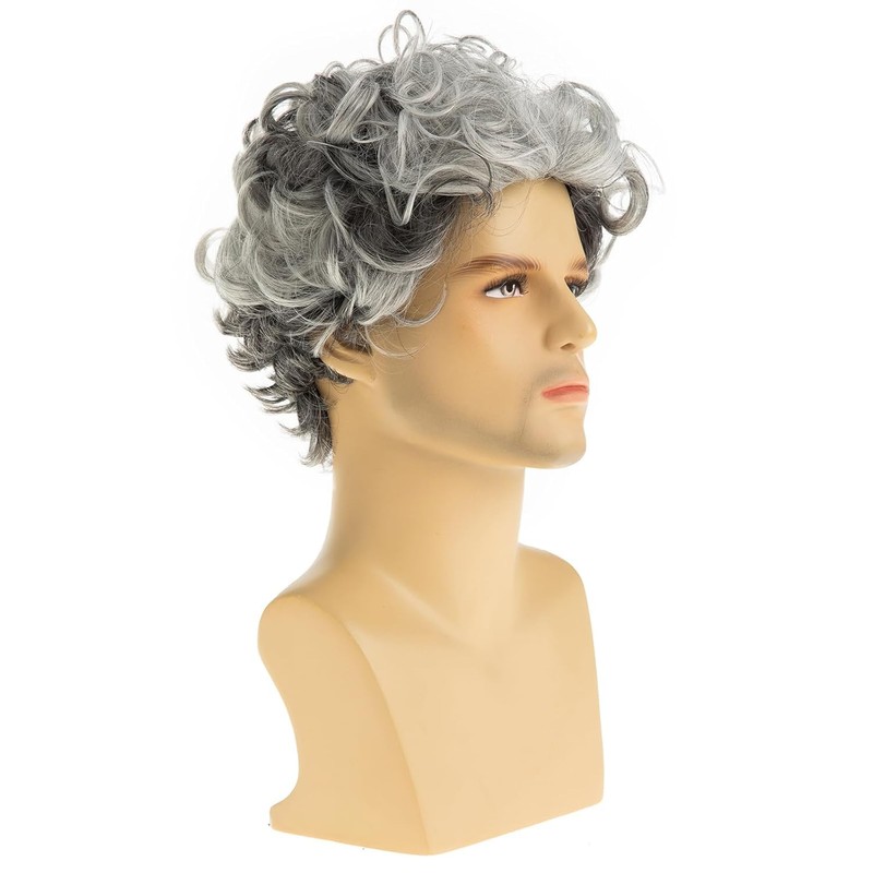 Short Culry Grey Wig for Men Short Wavy Cosplay Layered