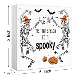 Funny Autumn Skeleton Wood Box Sign It's the Season to be Spooky Wooden Block Desk Decor for Home Office Kitchen Cubicle Table Shelf Tabletop,Farmhouse Fall Sign Decor