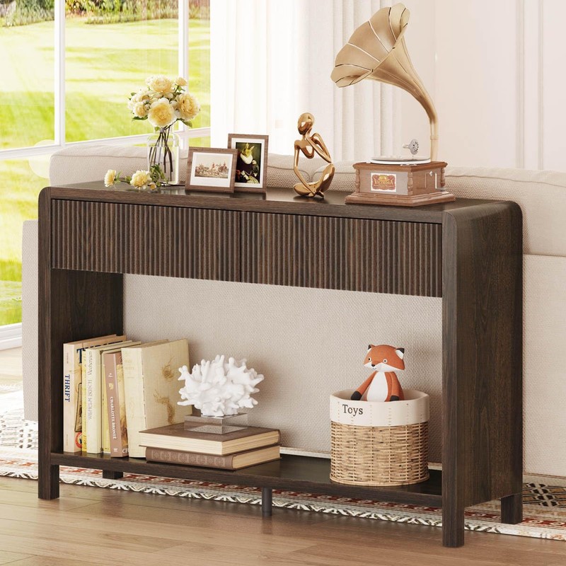 FATORRI Console Sofa Table with 2 Drawers, Wood Couch Table