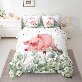 Erosebridal 7-Piece Girls Kawaii Animal Bedding Twin Cute Pig Comforter Set, Cartoon Wildlife Bedding Comforter Sets Green Leaf Bed in a Bag, Spring Garden Plant Bedding Accessories Kids Bedroom Decor