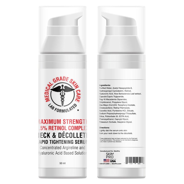 Neck & Décolleté Tightening Serum - Best Anti-Aging Firming Neck Cream Made With Maximum Strength 2.5% Retinol Complex, Concentrated With Argireline and Hyaluronic Acid