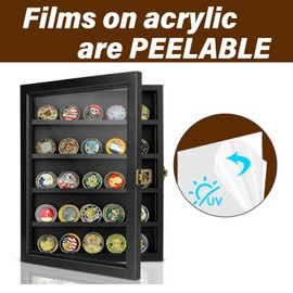 ULTRGEE Challenge Coin Display Case, Coin Collection Display Stand for Wall Military Medal Shadow Box Display Cabinet with Removable Dual Recessed Shelves and Acrylic Panel -Black