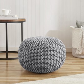 Pouf Ottoman Foot Rest Stuffed – 20” Diameter x 14” Tall Cozy Floor Pouf for Living Room, Bedroom, Nursery & More – 100% Cotton Knit Shell, EPS Bead Filled Footrest & Accent Chair, Gray