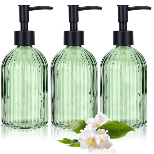 VZZNN 3 Pack Green Glass Soap Dispenser with Black Plastic