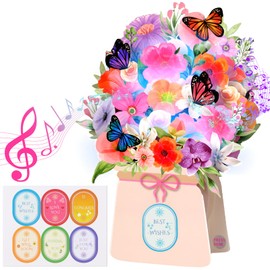 LIGHTS & MUSIC DIY Pop Up Cards, THANK YOU, BEST WISH, CONGRATS, GET WELL SOON, JUST FOR YOU, I LOVE YOU, 10'' Lily and Butterflies Flower Bouquet 3D Greeting Cards for Women Wife Mom Sister Friend