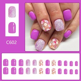 Vopintpy Cute Flower Press on Nails Short Square Fake Nails Purple Glitter Glue on Nails Glossy Reusable Stick on Nails for Women DIY Acrylic Manicure