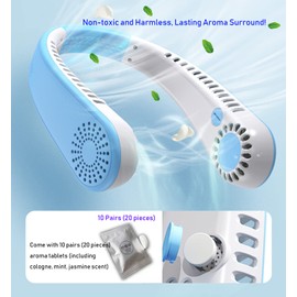 Ventilador de cuello con aroma múltiple, ventilador personal recargable por USB, 3 velocidades ajustables con visualización electrónica, 360° ajustable, enfriamiento más rápido, súper silencioso, diseño de ventilador sin hoja, sin torsión del cabello (az