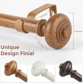 Wood Curtain Rods for Windows 72 to 144 Inch, Boho Vintage Decorative 1 Inch Diameter Long Wooden Curtain Rod, Adjustable Heavy Duty Rustic Farmhouse Drapery Pole with Wood Grain Finials