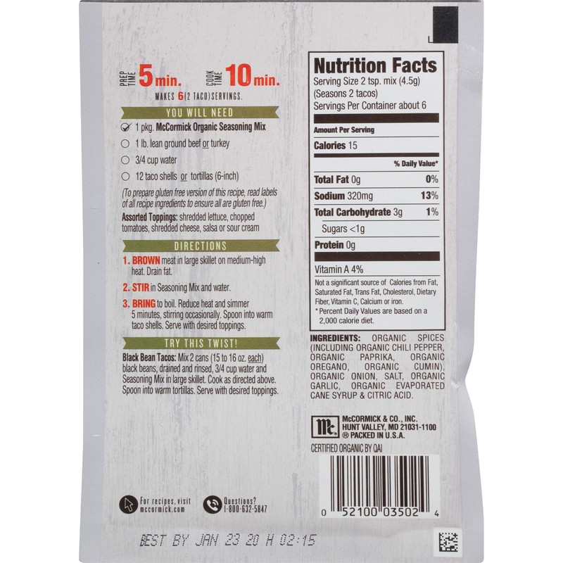 McCormick Organics Taco Seasoning Mix, 1 oz