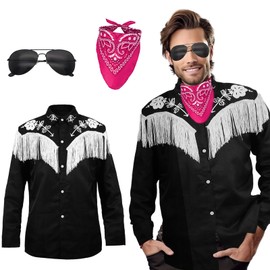 Maazusa Western Fringe Shirt Cowboy Costume for Men,Ken Costume Adult Men Cowboy costume Mens with Pink Scarf and Sunglasses Very Suitable for Casual Formal Work Dating（S）