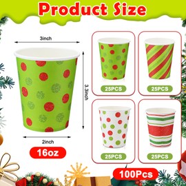 Funtery 100 Pieces Christmas Paper Cups Xmas Disposable Coffee Cups Red and Green Polka Dot Striped Christmas Cup Christmas Cups 9 oz Drinking Tea Paper Cups Christmas Cups for Daily Use Holiday Party