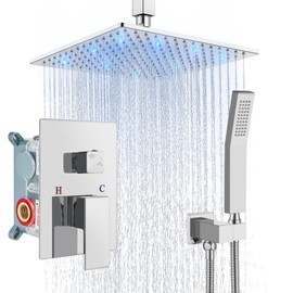 Aolemi Ceiling Mount Shower Faucet Set with Handheld Spray High Pressure Shower Faucets Sets Complete Rough-in Valve and Shower Trim Kit System Included Rainfall Polish Chrome 10 Inch LED Shower Head