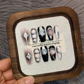 TENPAL Press On Nails Coffin,Sweet Edgy Crystal Cat Eye Nails with Pink/Black Galaxy Design,Hand-Painted Metallic Lines Aurora False Nails, Holographic Y2K Embossed Fake Nails 10pcs with Tools(M)