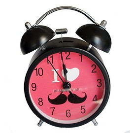 HAND ® "I Love Mustache Extremely Silent Metal Twin Bell Alarm Clock - Assorted Colours and Sizes (US2035 Black/Red-Pink)