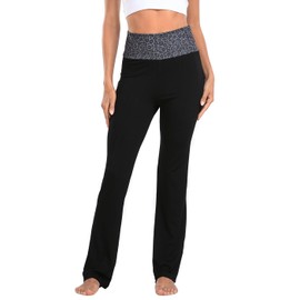 HDE Women's Color Block Fold Over Waist Yoga Pants Flare Leg Workout Leggings Black Leopard/Black - M