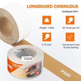 KENDO 320 Grit Sandpaper Roll, 2-3/4" Wide 20 Yard Longboard Self Adhesive PSA Stickyback Sand Paper for Automotive, Hand Sanding Blocks, Woodworking, Metal, Plastic