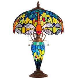 Capulina Tiffany Table Lamp Mother-Daughter Vase 3-Light 16x16x24 Inches Blue Orange Dragonfly Style Stained Glass Desk Light for Bedrooms Living Room Study Home Office