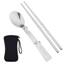 Portable Folding Utensil Set Including Chopsticks Spoon with Black Pouch for Travel Camping Cutlery Set for 2 Foldable Stainless Steel Reusable Cutlery