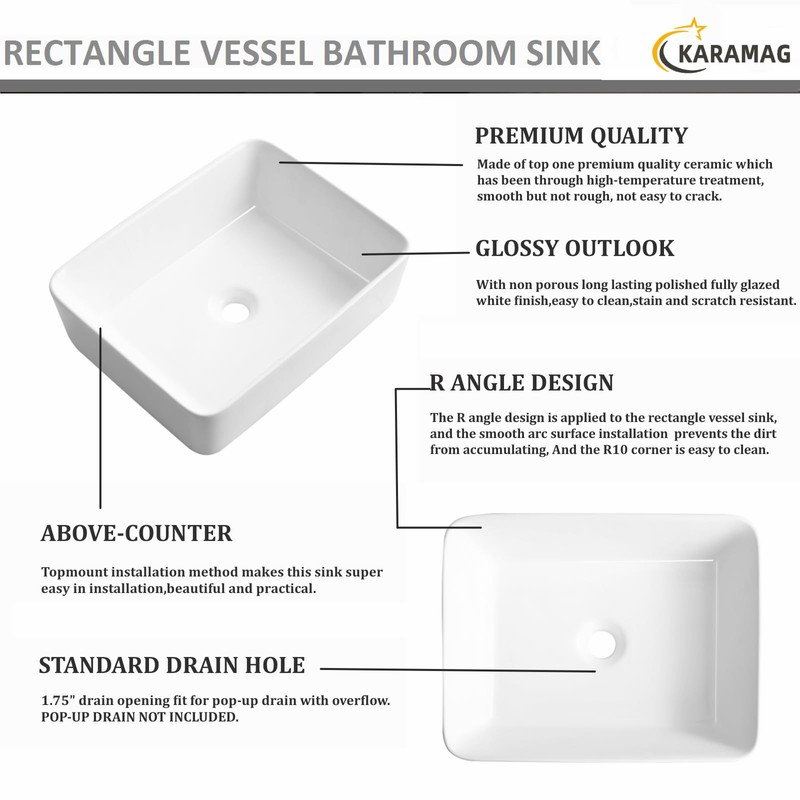 Bathroom Vessel Sink Rectangle-KARAMAG 19x15 Inch Bathroom Sink Countertop Rectangular