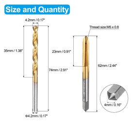 sourcing map Tap and Drill Bit Set, 1pcs M5 x 0.8 Metric Straight Flute Thread Screw Taps & 1pcs 4.2mm Twist Drill Bits, Titanium Coated HSS-6542 Tapping Threading Tool Kit