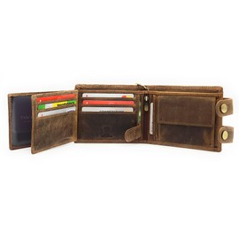 Lemasi Biker Wallet with Chain RFID Protection Hunter Leather Wallet Skull Skull, Brown horizontal outer latch, American