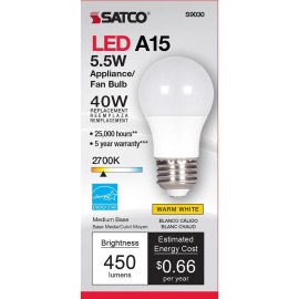 Satco S9030 - 5.5 Watt A15 LED Frosted Bulbs - 2700K - 120 Volts  (6 Pack)
