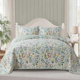 Etwel Queen Quilt Bedding Set, Cotton Bedspread Coverlet Lightweight, Leaves Multi Oversized Comforter for All Season, Soft Reversible Bed Cover with 2 Pillow Shams