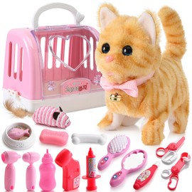 WorWoder - Gatos electrónicos interactivos de felpa que se mueven y maullan caminando meneando realista gatito de peluche para niñas y niños con 15 piezas (color amarillo)