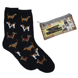 Davco Womens' Stacked Dogs Crew Socks 1 Pair & Pencil Bag Gift Set (Black)
