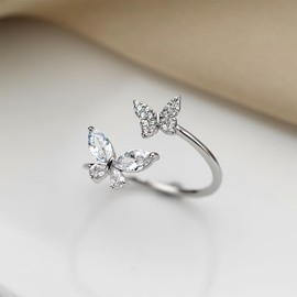 Anillo de Plata TREE NEST Anillo Ajustable Diseño de Dos Mariposas para Mujer con Circonita Cúbica, Anillos de Mujer Anillo de Boda Regalo Ideal para Mujeres Tamaño Universal 30058
