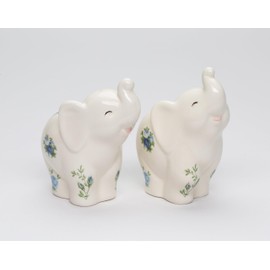 Fine Ceramic Trunk Up Joyful Happy Elephants with Blue Roses Prints Design Salt & Pepper Shakers Set, 3-1/2" H