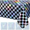 2Pack Iridescent Checkered Plastic Tablecloth, Shiny Disposable Laser Rectangle Table