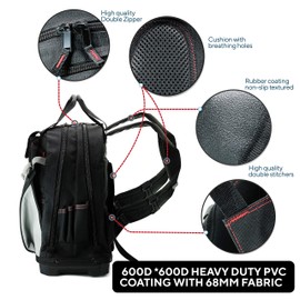 TradeGear Heavy-Duty Tool, Backpack w/Reinforced Bottom - Waterproof PVC-Coated Tool Bag, Features Padded Back Support, Breathable Fabric, Multiple Storage Compartments.