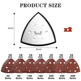 BIGP Pack of 2 Fine Sanding Plates, Multitool Sanding Plates, 93 mm with 70 Triangular Sandpaper, Mixed 10 Sheets Each 60 80 120 180 240 320 400 for Sanding Triangles