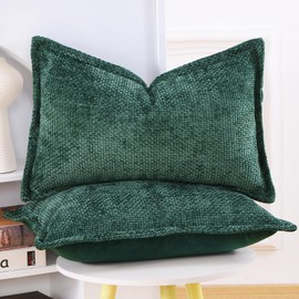 Madizz Set of 2 Chenille Velvet Cushion Covers with Flange Soft Boho Textured Throw Pillow Covers Broadside Pillowcases Modern Farmhouse Home Decor for Sofa Bedroom Dark Green 12x20 inch, 30x50 cm