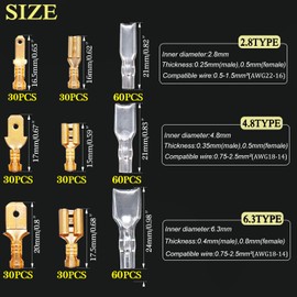 Twidec/360Pcs 2.8/4.8/6.3mm Quick Splice Male and Female Wire Spade Connector Crimp Terminal Block Assortment Kit Golden with Insulating Sleeve for Electrical Wiring Car Audio Speaker N-002