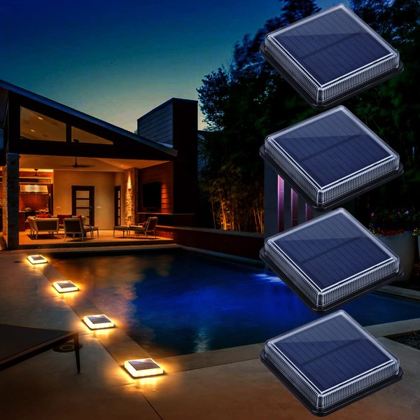 Solar Deck Lights, Driveway Walkway Dock Light Solar Powered Outdoor Stair Step Pathway LED Lamp for Backyard Patio Garden Ground, auto On/Off - Warm White - Square - 4 Pack