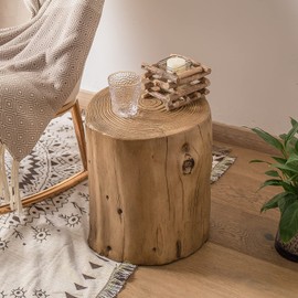 COSIEST Outdoor End Table Light Oak Colored Faux Wood, Hand-Painted Wood Stump Stool, Ottoman or Plant Stand, Deck or Garden