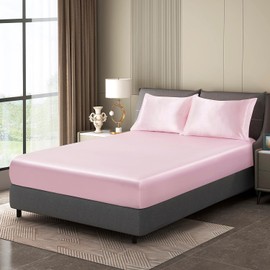 Luowei Satin Fitted Sheet Box Spring Bed 180 x 200 cm Summer Bed Sheet Pink Silky Silk Cooling Microfibre Fitted Sheet 180 x 200 cm Soft Machine Washable for High Mattresses up to 25-30 cm